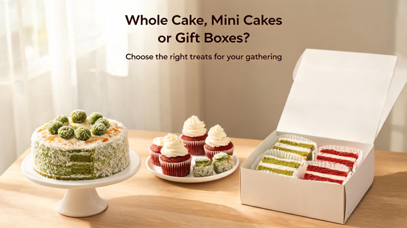 Whole ondeh ondeh cake, individual cake treats, and an open gift box arranged on a table.
